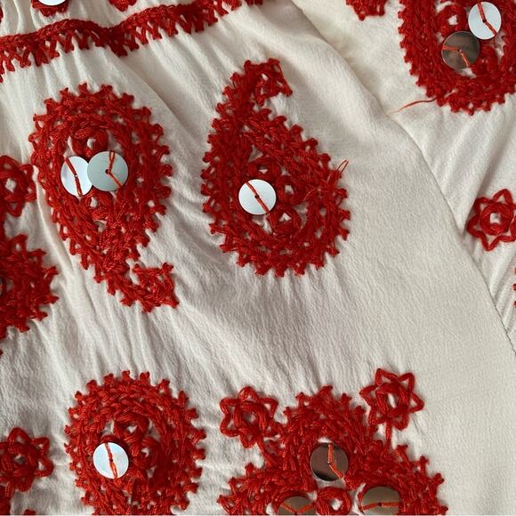 Tory Burch Cream Silk Embroidered Mirror Sequin Off Shoulder Blouse size 6 - Picture 8 of 9